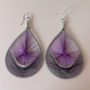 Modern Silver and Purple Thread Art Earrings, Metallic Teardrop Earrings